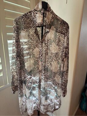 Chico's Sheer Floral & Leopard Button-Down Shirt - Cream, Brown, Green